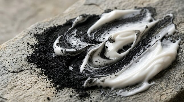Activated Charcoal Detox Face Mask Swirl with Cream and Granular Powder on Grey Natural Stone, Emphasizing Purifying Skincare and Wellness