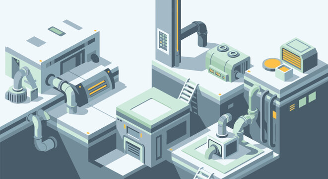 An animation of industrial machines operating in a factory setting with equipment.