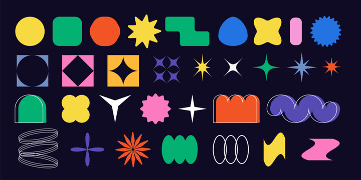 Modern abstract geometric shapes, simple figures, vector icons isolated on black background. Minimalist memphis design, brutalist forms collection, vibrant y2k line art patterns with sparkling stars