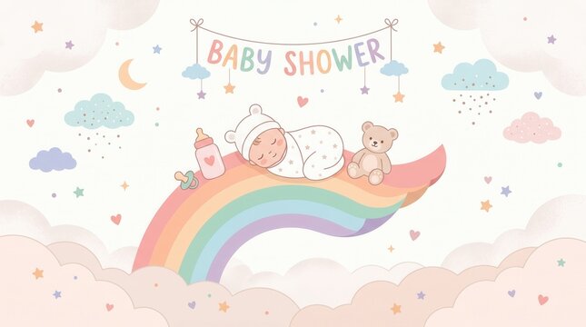 Dreamy scene of a baby napping with a teddy bear on a rainbow under a Baby Shower banner