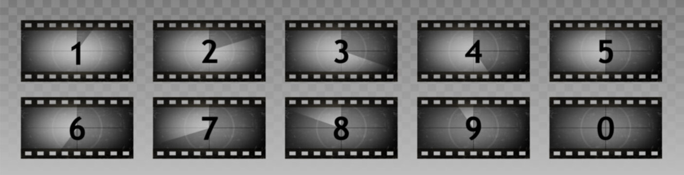Vintage movie countdown timer on classic cinema screen. Vector realistic set of retro film numbers in old style projector frame, black and white video sequence with shot numbers, beginning of show
