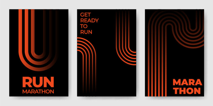 Modern sport poster template with run track lane, red simple vector illustration on black background. Abstract marathon concept layouts with route lines and geometric shapes design, sprint banner
