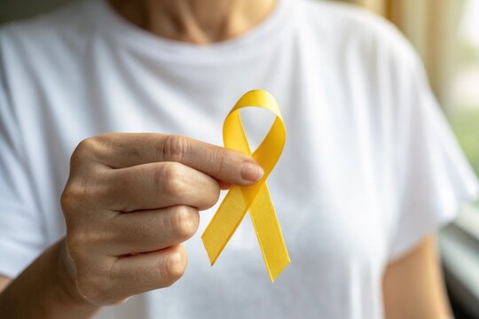 Person holds a yellow ribbon between their fingers to symbolize support for sarcoma cancer awareness and patient care.