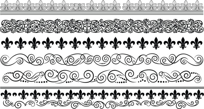 Black decorative border illustration set featuring floral motifs, swirling vines, fleur-de-lis, and intricate scrollwork for design projects