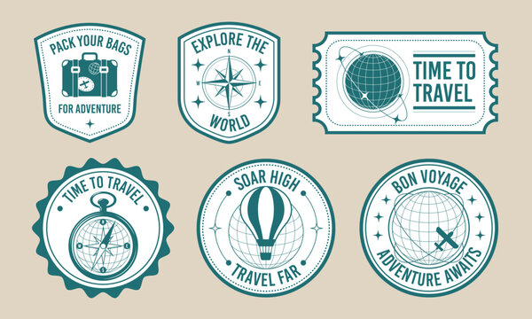 Y2k travel sticker set with earth globe, compass, suitcase and air balloon, vector badges isolated on background. Retro patches, vintage stamps with abstract world sphere and adventure slogans