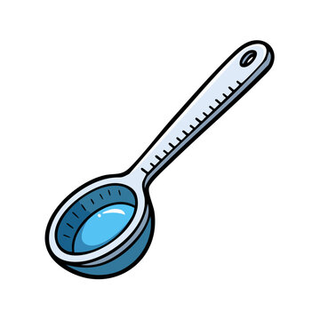 Hand drawn illustration of a measuring spoon filled with blue liquid and marked with clear increments