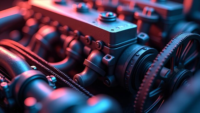 Close up of high performance internal combustion engine with neon lighting.