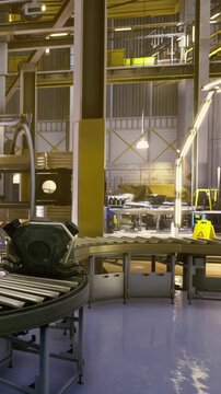 Workers are engaged in tasks on a busy factory floor surrounded by various machines and equipment. The space has bright lighting and multiple workstations.