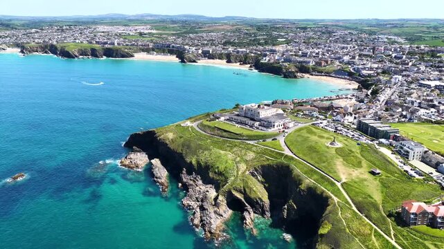 Newquay Coastline Rocks Hills and Beaches Aerial 4K