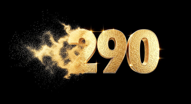 Dynamic image of a glowing, fiery number 290 exploding with golden sparks against a black backdrop for high-energy visuals.