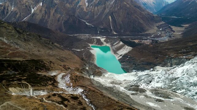 Aerial View of Birendra Lake and Manaslu Glacier from Manaslu Base Camp, Nepal