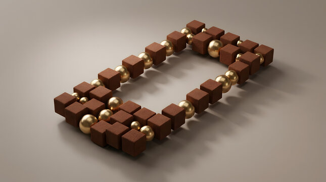 Abstract 3D smartphone silhouette formed by chocolate cubes and glossy gold spheres on a beige background