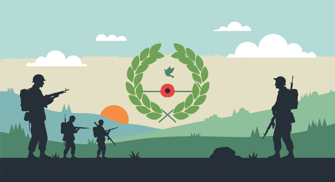 Soldiers on patrol in a field with a logo and sunset in the background