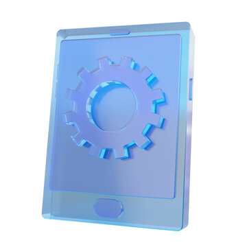 Glass glossy taplet mobile phone gear cog processor application system technology digital electronic innovation development design. 3d rendering