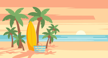 Fototapeta premium A serene beach scene with palm trees, a surfboard, and ocean waves at sunset.