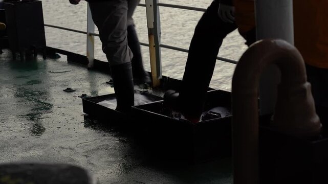 A person disinfecting their boots before landing in Antarctica. Antarctic expedition. Antarctic Peninsula