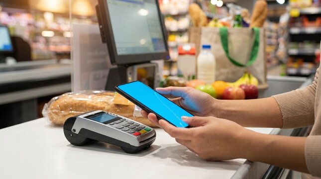 Smart retail concept contactless payment. Hands holding smartphone with blank blue mockup screen near POS terminal at supermarket checkout
