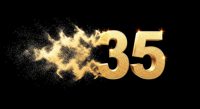 Dramatic golden number 35 emerging from an explosion effect, ideal for celebrations, milestones, or creative designs.