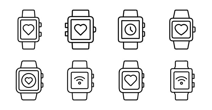 Smartwatch icons set with health and signal symbols - Minimalist smartwatch icons displaying heart, steps, signal, and battery indicators in a clean, flat design style.
