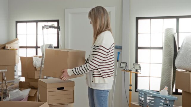 Woman carrying cardboard boxes and later standing with arms crossed and smile in a residential building; moving day relief.