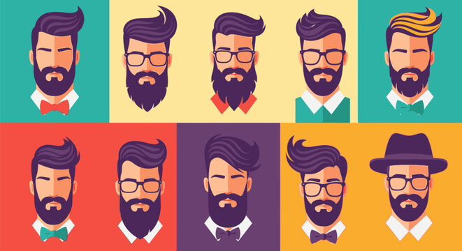 Illustration of diverse men with various hairstyles and beards in colorful squares