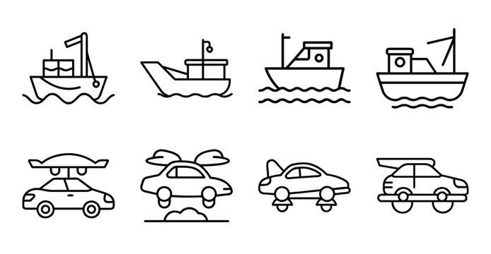 Set of six simple transport icons - Flat line icons of various vehicles including ships, cars, and planes for easy visual communication.