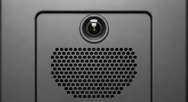 Close-up detail of an intercom speaker grille with an integrated security camera lens