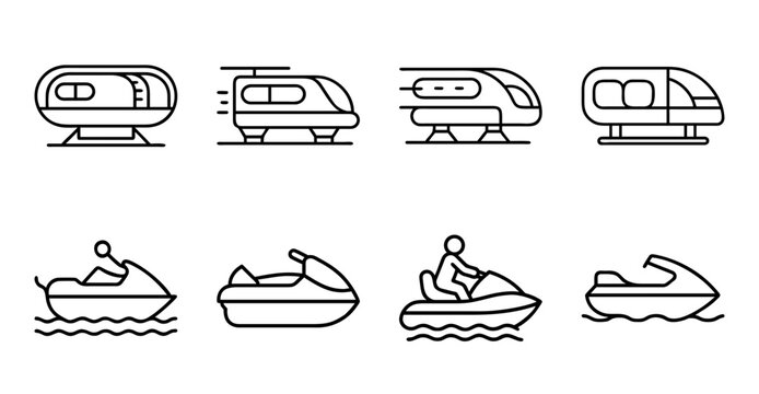 Modern transportation vector icons set - Clean line art vector icons showing train, boat, and jet ski transportation methods in simple flat design style.