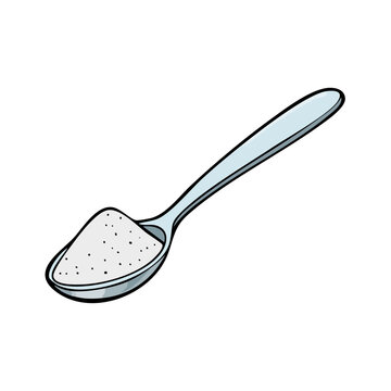 Metal Spoon Filled With White Granulated Sugar, Isolated Ingredient for Baking and Cooking