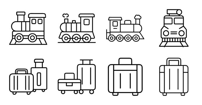 Vintage train and luggage set icons - Minimalist vector icons of old-style trains and suitcases for travel or retro themes.