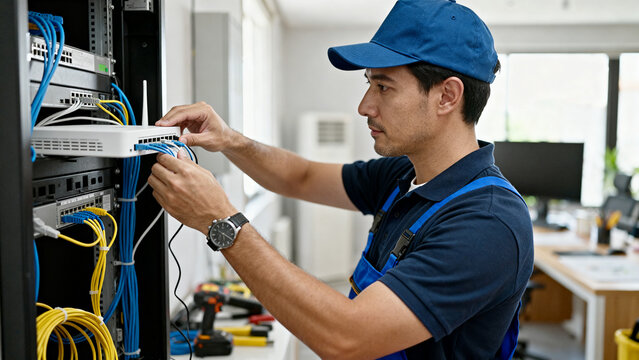 Telecommunications Technician Installing High Speed Internet Equipment