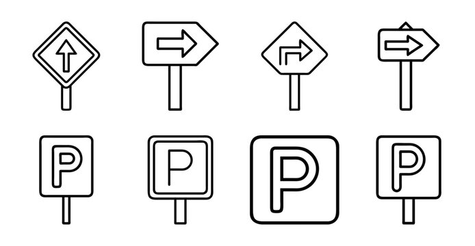 Four parking direction signs with arrows and p symbols - Minimalist vector icons of parking signs showing different directional arrows paired with P symbols for parking guidance.