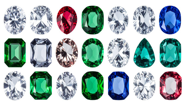 Assorted diamond, emerald, sapphire, ruby, and gemstone shapes, brilliant and colorful