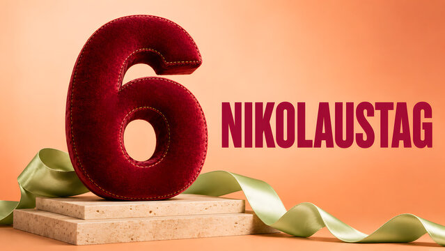 Celebrate Nikolaustag with a plush number 6 and a festive ribbon on a pedestal, a joyful holiday greeting