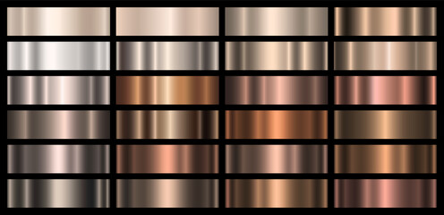 Naklejka na ściany i meble Set of metallic gradients of gold, brown, platinum, silver shades on a black background. Palette of colors for design, a collection of high-quality ingredients. Metal texture, foil, shiny background