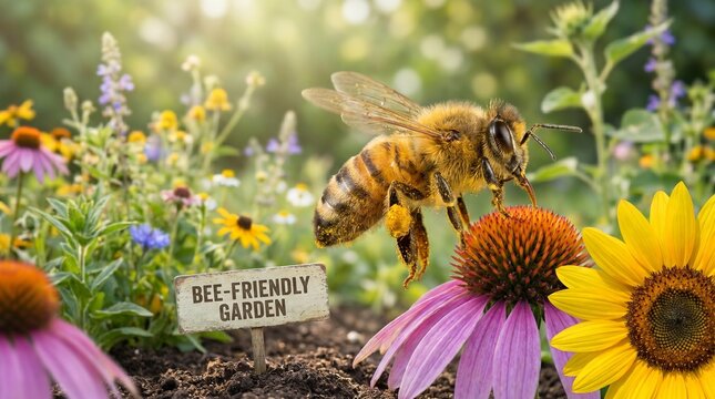 Macro photography of a honey bee collecting nectar from vibrant coneflowers in a blooming garden. Detailed pollination scene featuring colorful petals, natural sunlight, biodiversity, ecology, and spr