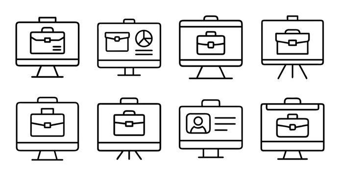 Eight presentation icons on easels - Minimalist vector icons of presentation slides on easels with different content symbols.