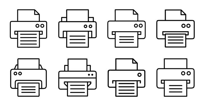 Eight printer icons in different styles - Minimalist set of eight printer icons with various features and designs for digital use.