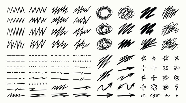 Hand drawn, scribbled, graphic elements, 40 icons, vector set