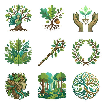 Dryad and forest spirit element set with Celtic tree of life and nature icons
