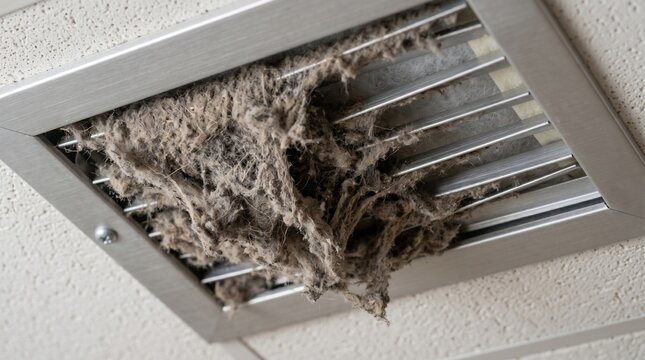 Heavy dust accumulation on commercial ceiling air vent grille requiring professional cleaning
