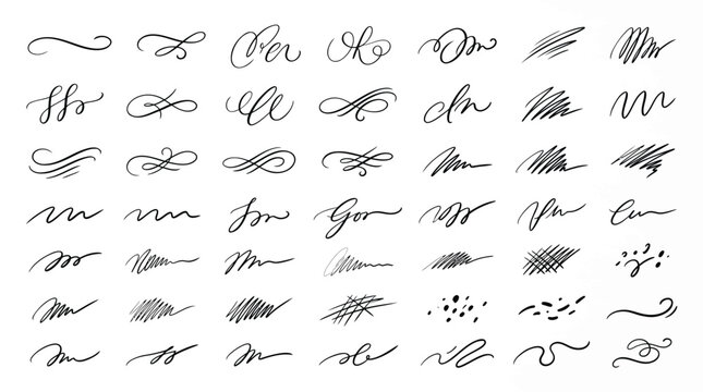 Handwritten calligraphy strokes, elegant ink swirls, vector illustration, 40 lettering elements