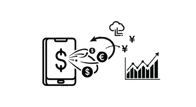 Smartphone displays a currency exchange process with a rising financial growth chart on a white background.