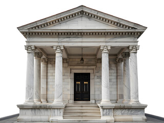 Fototapeta premium Classic marble temple entrance with columns and golden door in bright daylight