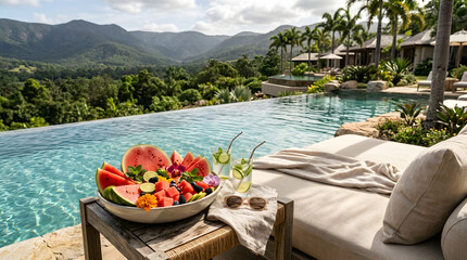 Obraz premium Tropical Infinity Pool Retreat with Fresh Fruit Platter and Refreshing Drinks Overlooking Lush Mountain Landscapes