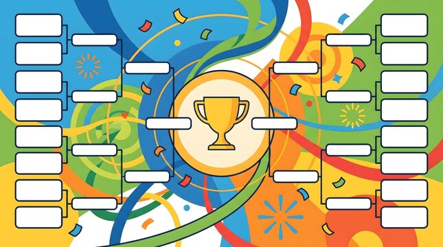 World Cup 2026, Vibrant colorful sports tournament prediction bracket layout with a golden cup on an abstract wavy background.