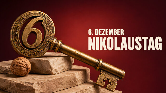 Elegant vintage golden key with engraved number six, symbolizing the beloved traditions and festive spirit of Saint Nicholas Day celebrations in early December