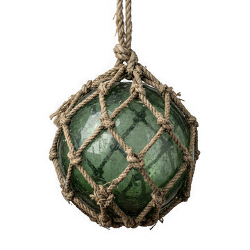 Vintage glass fishing float with rustic rope netting as isolated element