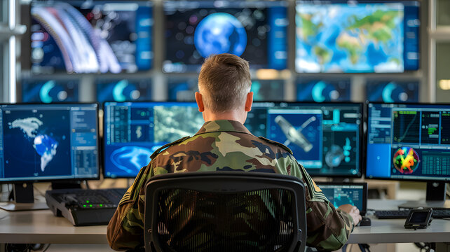 Military professional monitoring global security on multiple digital screens in control room