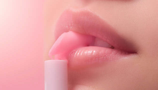 Close up of applying pink lip balm to soft lips cosmetic 潤いのある唇にピンクのリップバームを塗るリップケアのイメージ
